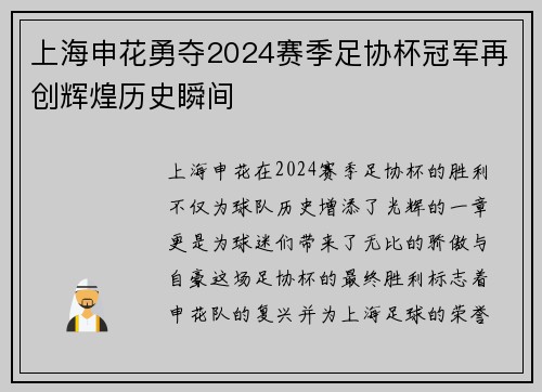 上海申花勇夺2024赛季足协杯冠军再创辉煌历史瞬间