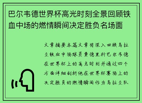 巴尔韦德世界杯高光时刻全景回顾铁血中场的燃情瞬间决定胜负名场面