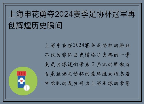 上海申花勇夺2024赛季足协杯冠军再创辉煌历史瞬间